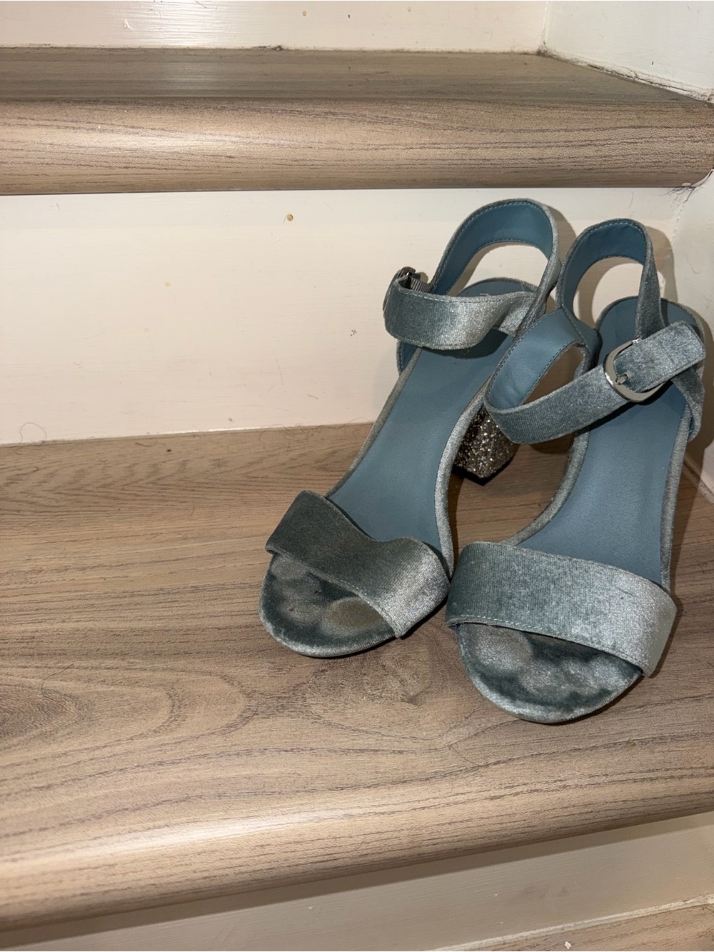 Divided Silver-Gray Velvet Block Heel Sandals with Ankle Strap